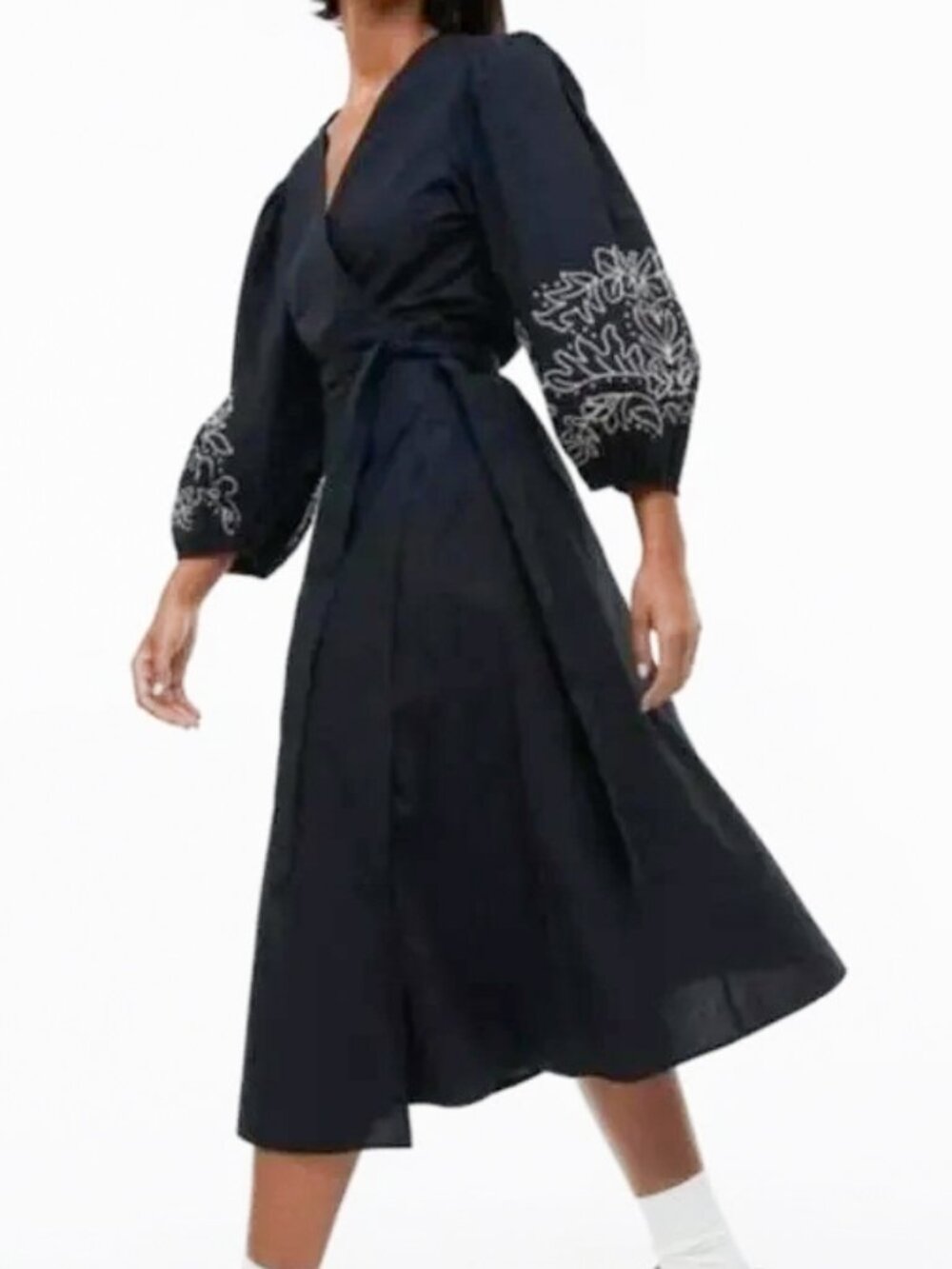 H&M Black Embroidered Balloon Sleeve Wrap Dress Large/XL